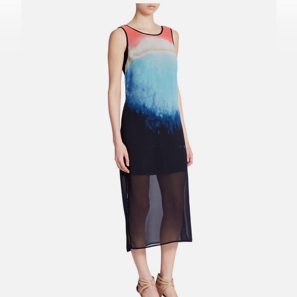 Kensie Pink Blue Black Colorful Ombre Chiffon Overlay Midi Dress / Side Slits  S